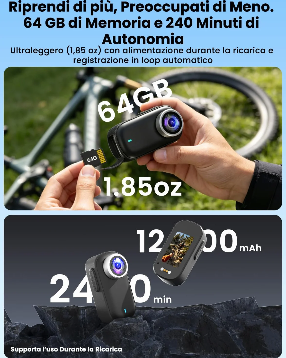 Body Cam, POV Camera 4K, Mini Action Cam WiFi 64G, Telecamera Moto con Batteria da 1200 mAh(240min), Mini Camera Impermeabile IP65, Compatta Telecamera per Moto Vlogging