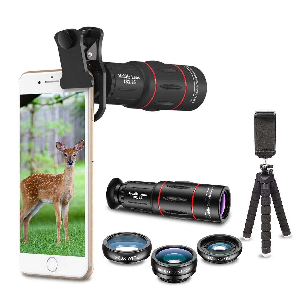 Apexel Kit obiettivo fotocamera 18X teleobiettivo/grandangolo e obiettivo macro/fisheye/caleidoscopio/filtro stella con treppiede otturatore remoto per iPhone, Samsung e la maggior parte degli