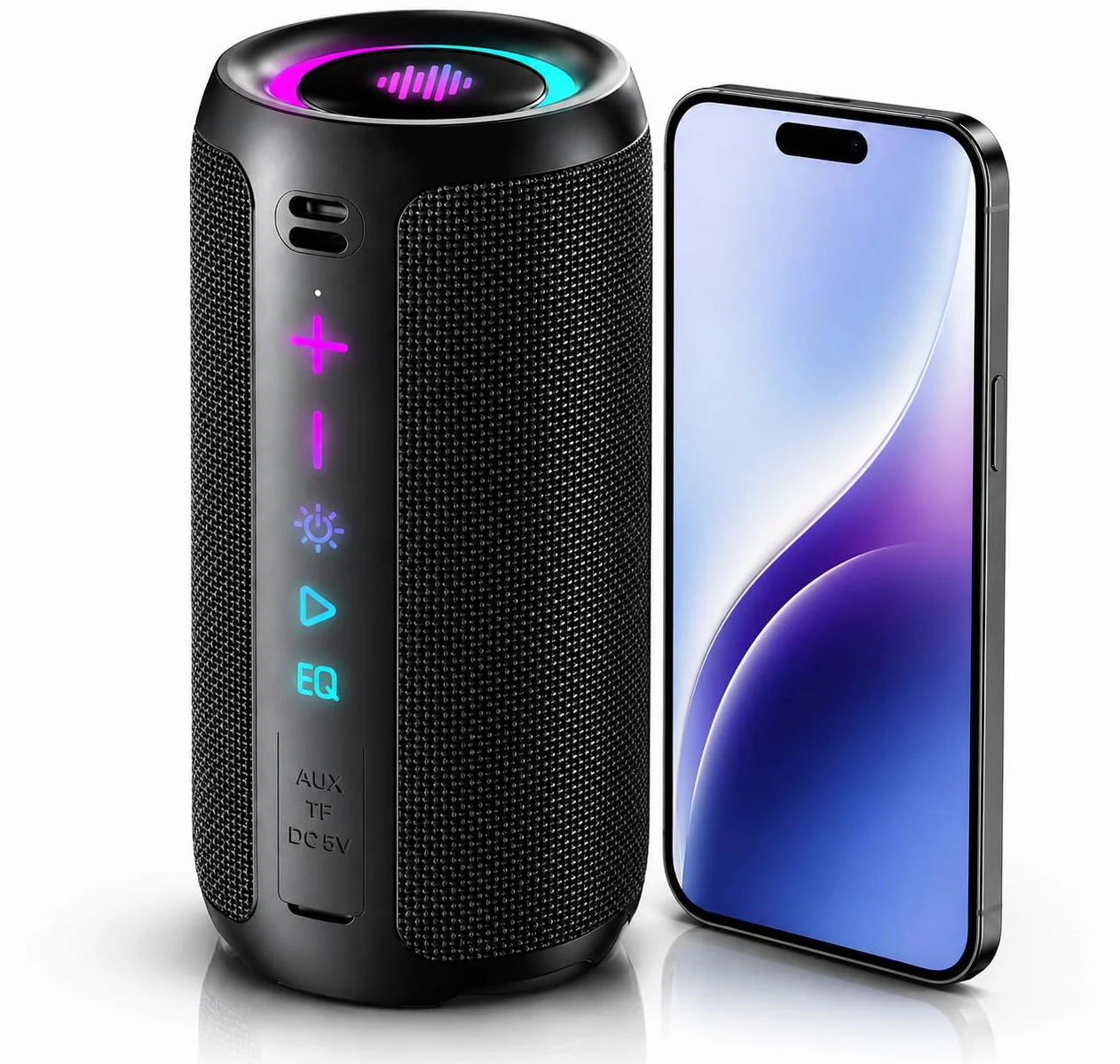 TIMU Cassa Bluetooth Portatile Potente, Altoparlante Bluetooth 5.4 con 2 Modalità EQ, IPX7, TWS, 24H di Autonomia, 8 Modalità RGB, Cinghia da Trekking, Compatibile con PC, AUX, TF