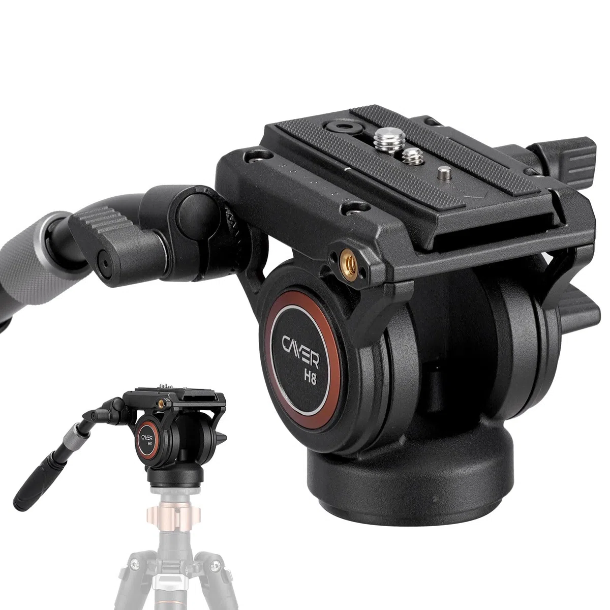 Testa fluida, treppiede Cayer H8 Videocamera Testa fluida con trascinamento per Canon Nikon Sony Olympus Panasonic DSLR Camera, con vite di montaggio da 3/8 "e 1/4", impugnatura a 2 sezioni