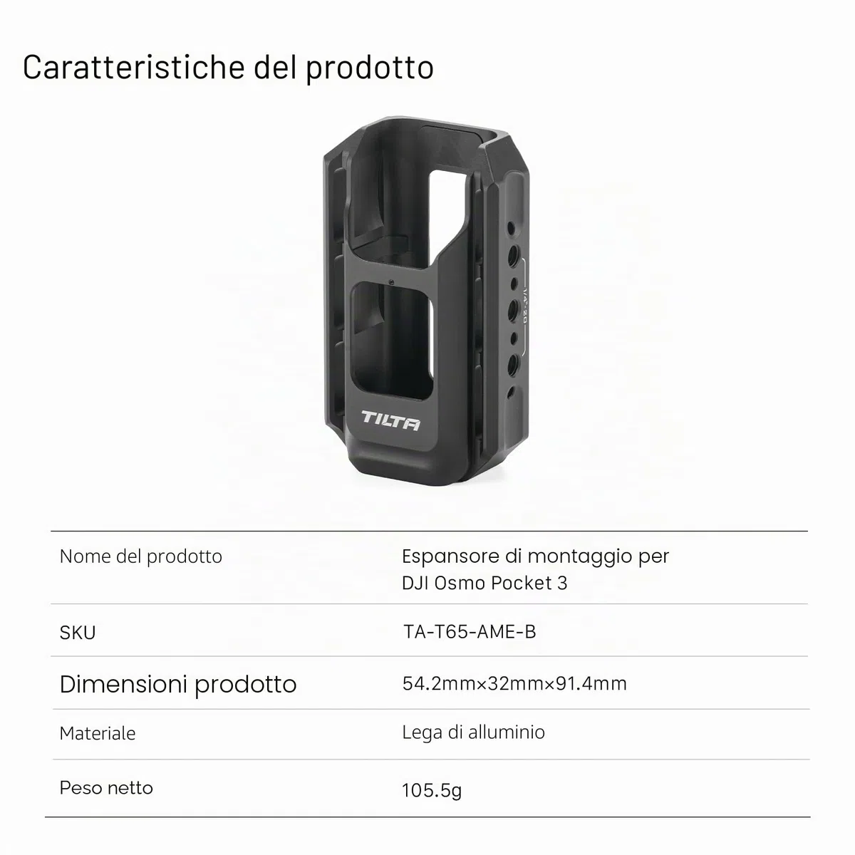 Tilta Pocket 4 Cage Adattatore di Espansione per Pocket 4 Pro Pocket 3, Accessori per la Gabbia della Fotocamera per Osmo Pocket 3/4/4P con Filettature da 1/4"-20 Guide NATO - Alluminio TA-T65-AME-B