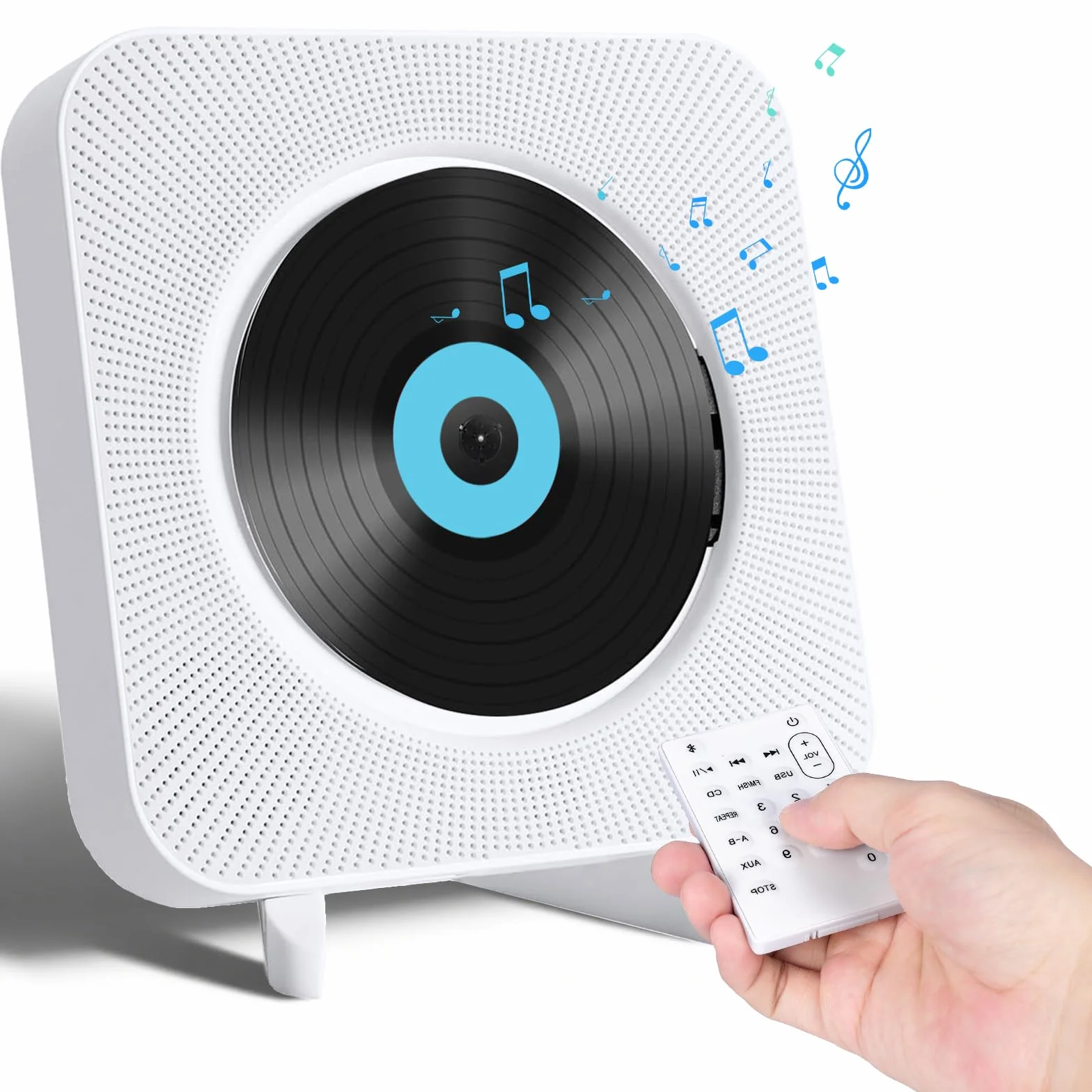 Lettore CD Bluetooth montabile a parete, lettore musicale CD portatile con doppi altoparlanti, lettore CD da parete/da tavolo con linea di interruttori di alimentazione, AUX/USB (Bianco)
