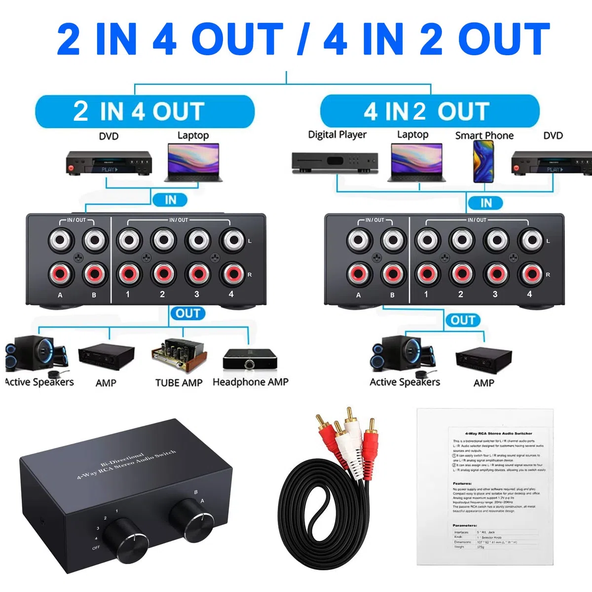 XMSJSIY Commutatore audio stereo bidirezionale L/R RCA a 4 vie, 2 in 4 uscite o 4 in 2 uscite, interruttore audio RCA L/R canale audio splitter audio selettore audio scatola interruttore per DVD