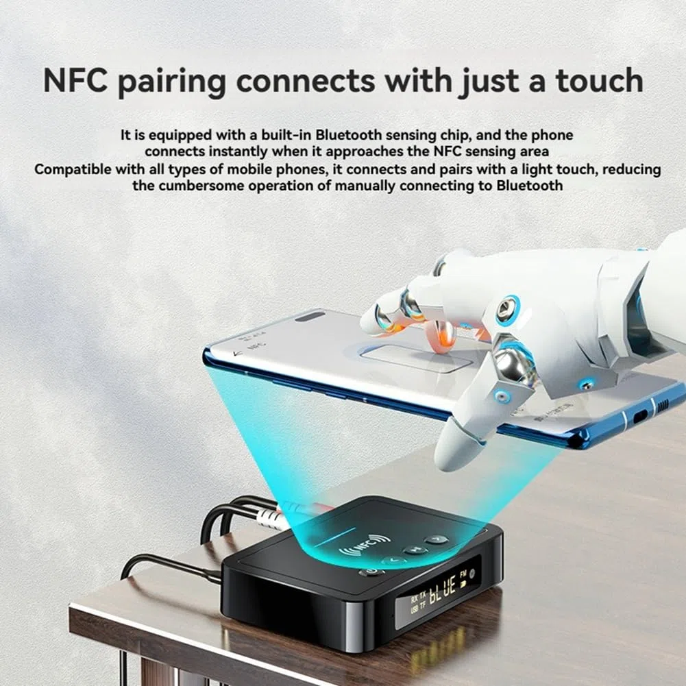 Ricevitore Trasmettitore Bluetooth 6.0 NFC FM Stereo Jack da 3,5 mm Adattatore Audio Wireless per TV, Altoparlante per Auto