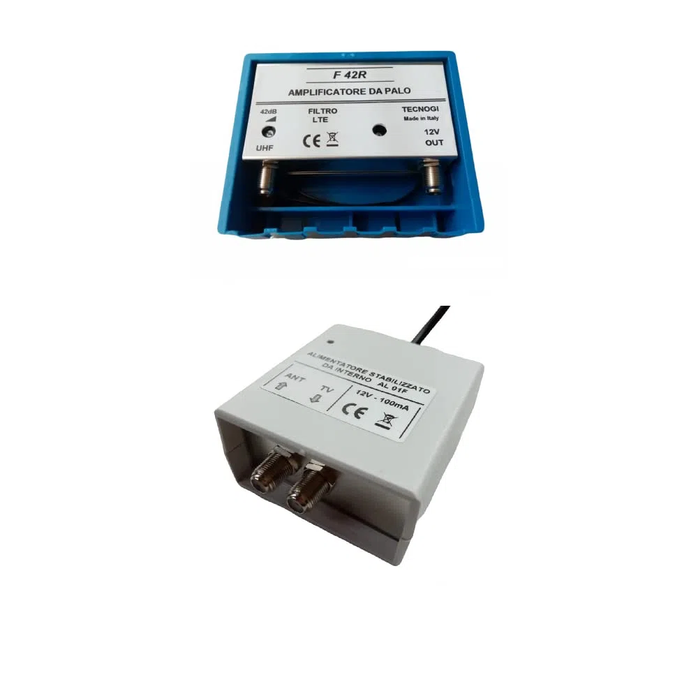 Kit Amplificatore Antenna TV da Palo 42 dB + Alimentatore 12V 100 mA, Filtro Lte/5G, Regolabile