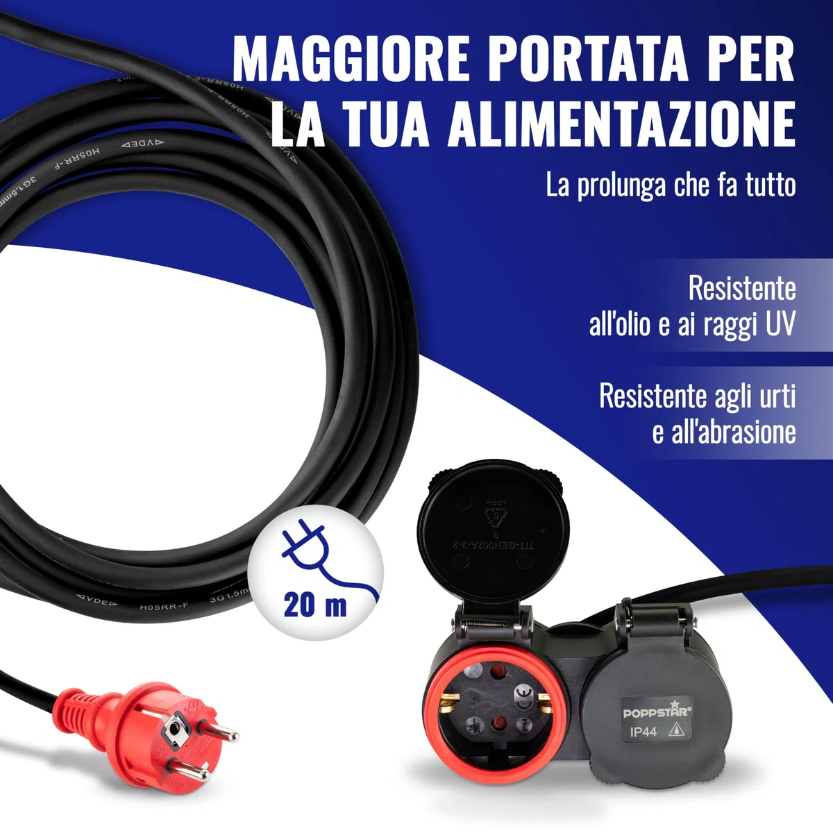 Poppstar Prolunga per esterno 20 m (2 prese Schuko, IP44, 16A/3680W, H05RR-F 3G1.5), nero/rosso