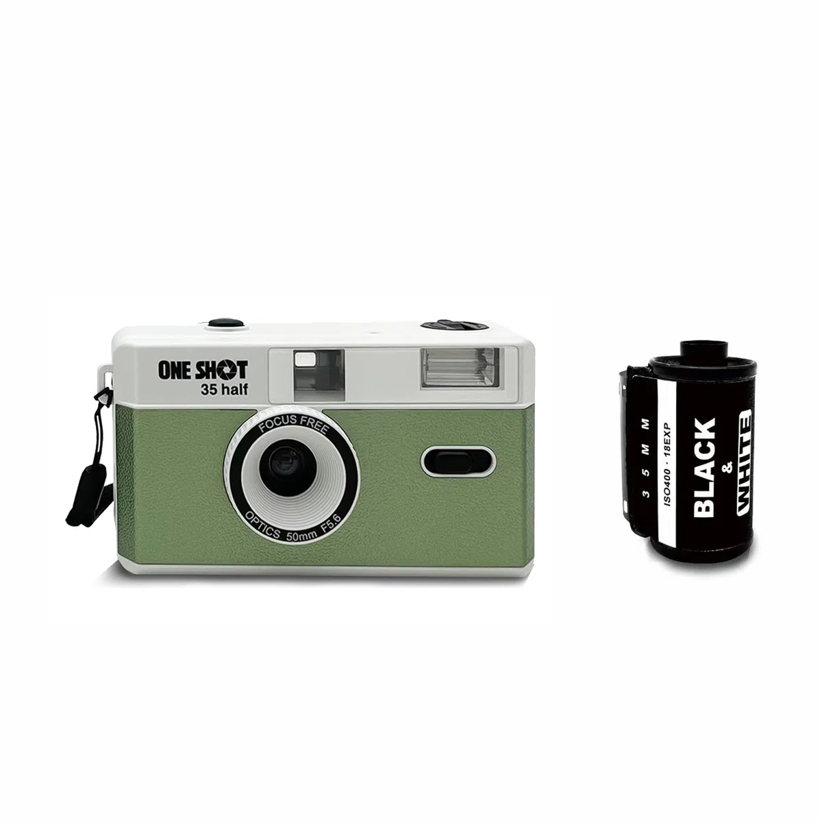 1 Shot Point and Shoot - Fotocamera a pellicola da 35 mm, riutilizzabile, con flash integrato, 1 rotolo ASA/ISO 400, pellicola in bianco e nero 18 Exp., (36 scatti) batteria non inclusa (colore verde)