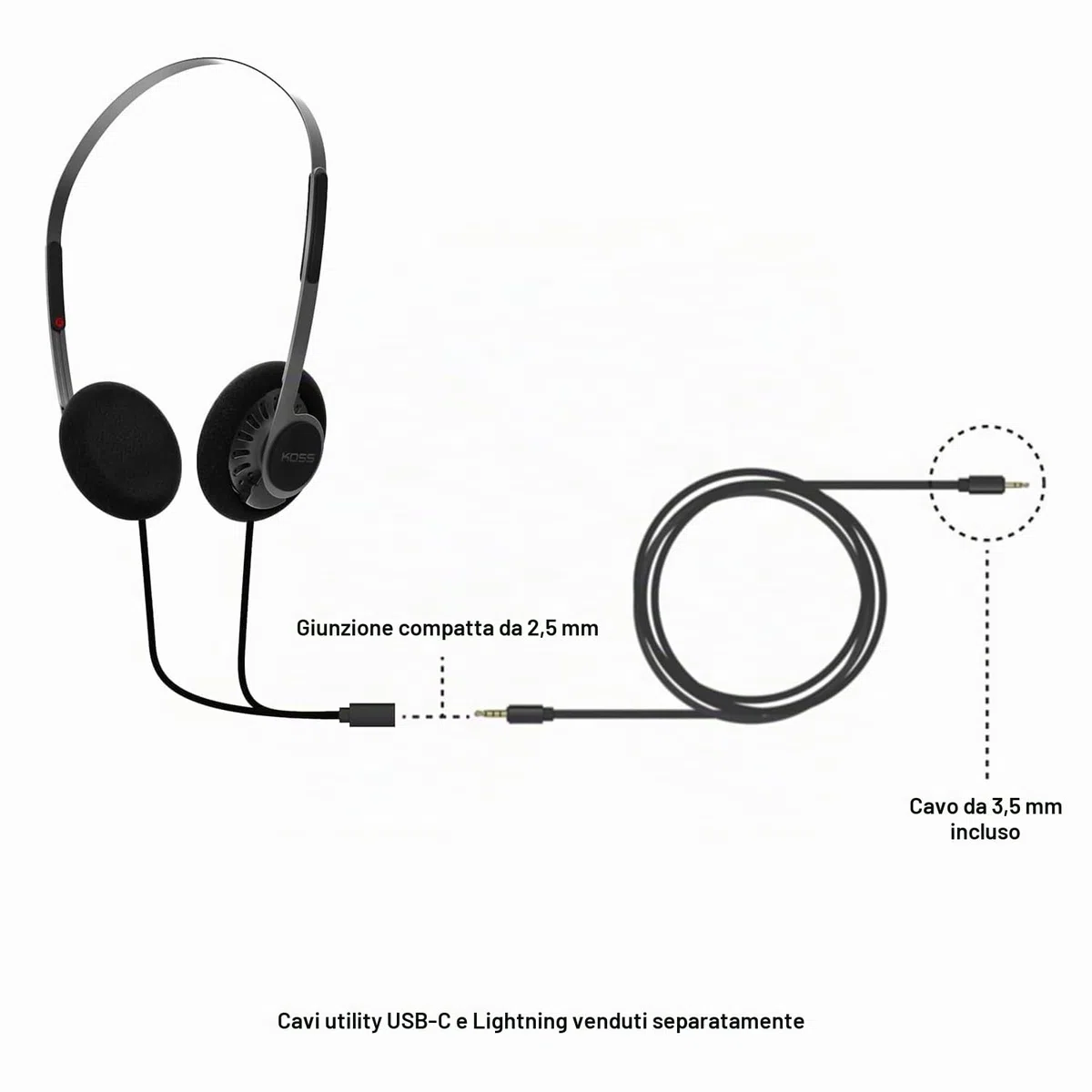Koss KPH40 - Cuffie on-ear utili, sistema di cavi intercambiabili staccabili, stile retrò, design ultra leggero (nero invisibile)
