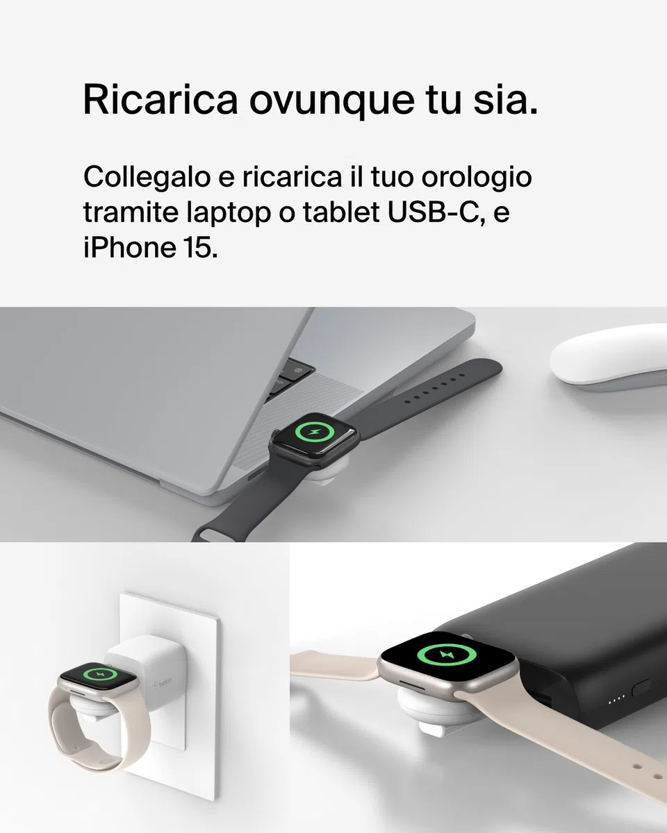 Belkin BoostCharge Caricabatteria USB-C portatile per Apple Watch, caricatore USB-C certificato MFi per Apple Watch Series 11/10/9/, Ultra e altri, compatibile con MacBook, iPhone 17 e altri - Bianco