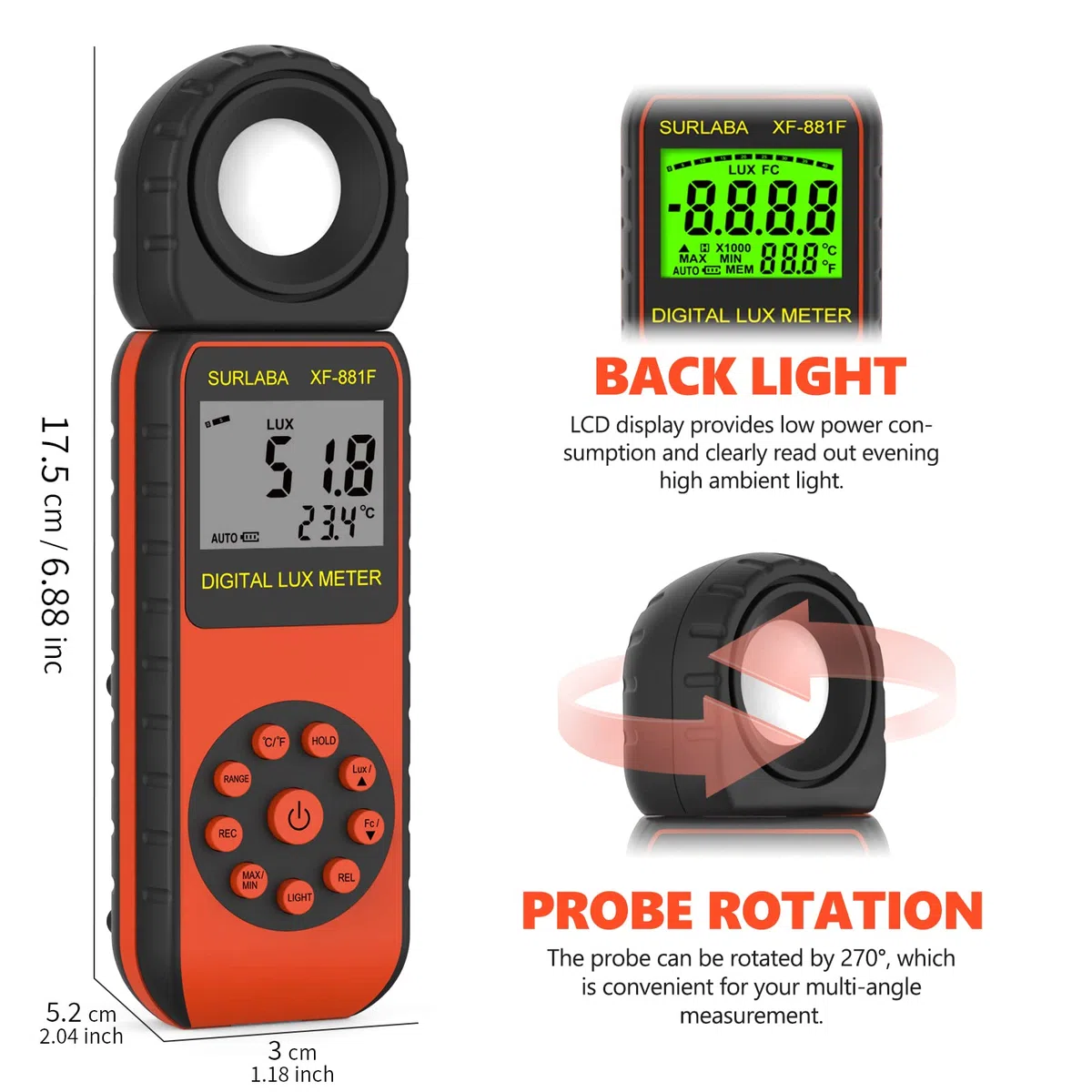 Luxmetro Digitale Light Meter, Misuratore di Luce Campo Misura 0,01~400.000 Lux, Illuminazione Meter con Sensore Rotato di 270º, Esposimetro Misurazione della Luminosità per Fotografi