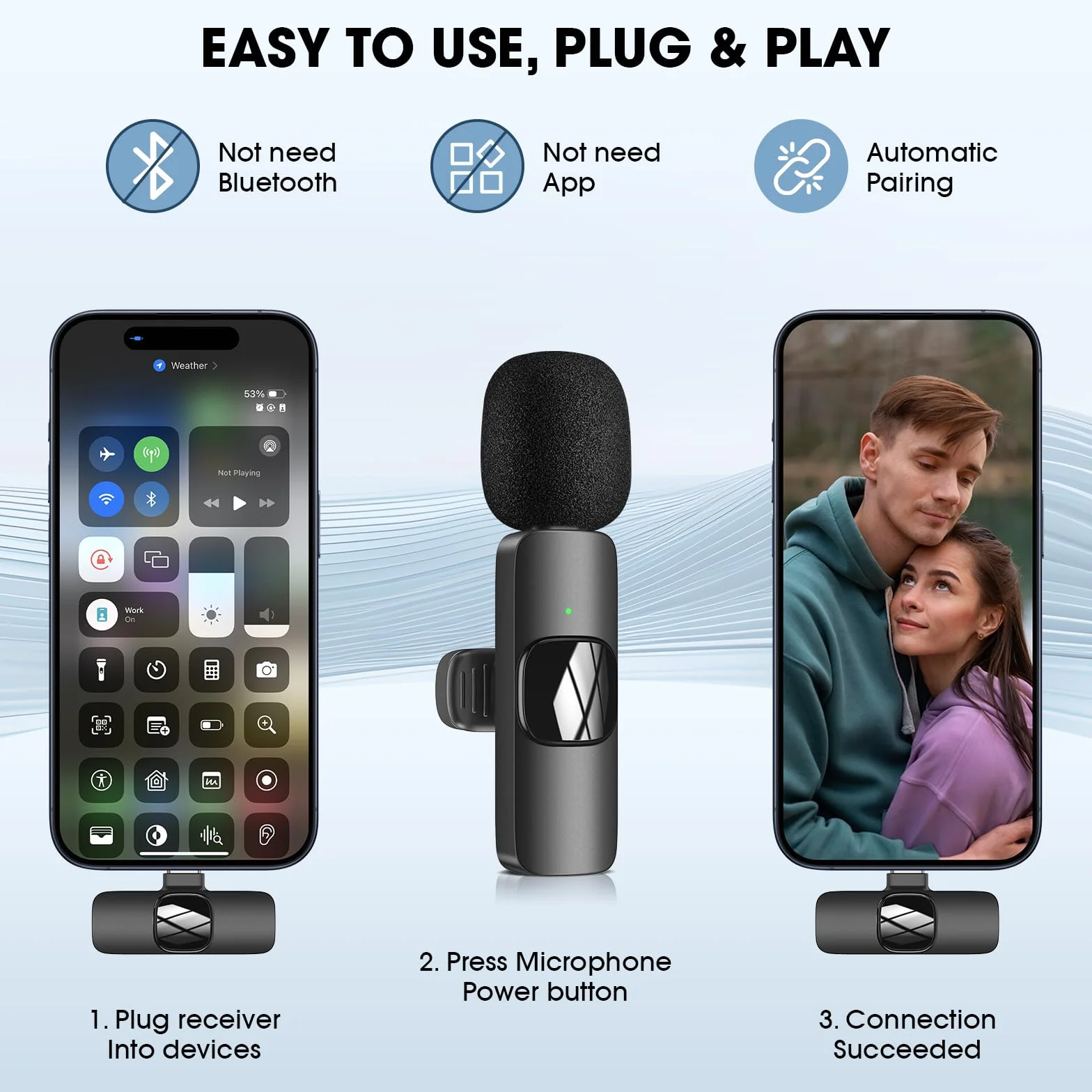 Microfono Lavalier Wireless per iPhone/Telefono Android/Computer, Microfono da bavero USB C per registrazione video, Vlogging, TikTok, YouTube, riduzione del rumore, clip plug-play sul Microfoni