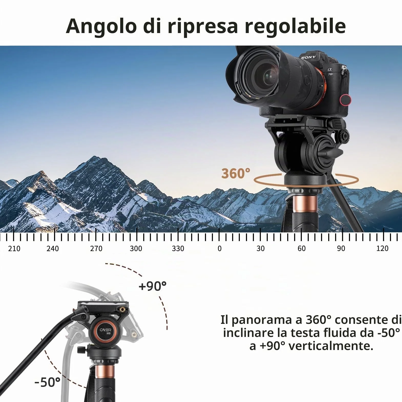 Testa fluida, treppiede Cayer H8 Videocamera Testa fluida con trascinamento per Canon Nikon Sony Olympus Panasonic DSLR Camera, con vite di montaggio da 3/8 "e 1/4", impugnatura a 2 sezioni