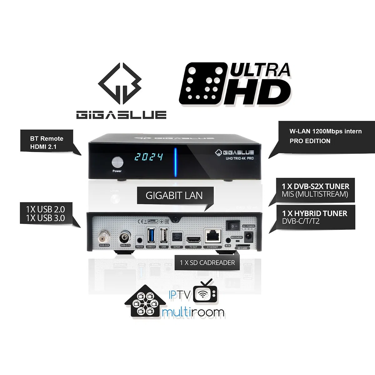 GigaBlue Cavo UHD Trio 4K Pro, ricevitore satellitare DVB-S2X/C/T2, sintonizzatore, PVR-Ready su scheda USB/SD, WLAN 1200 Mbit/s, HDMI, USB, LAN, Bluetooth, alimentatore di rete da 12 V