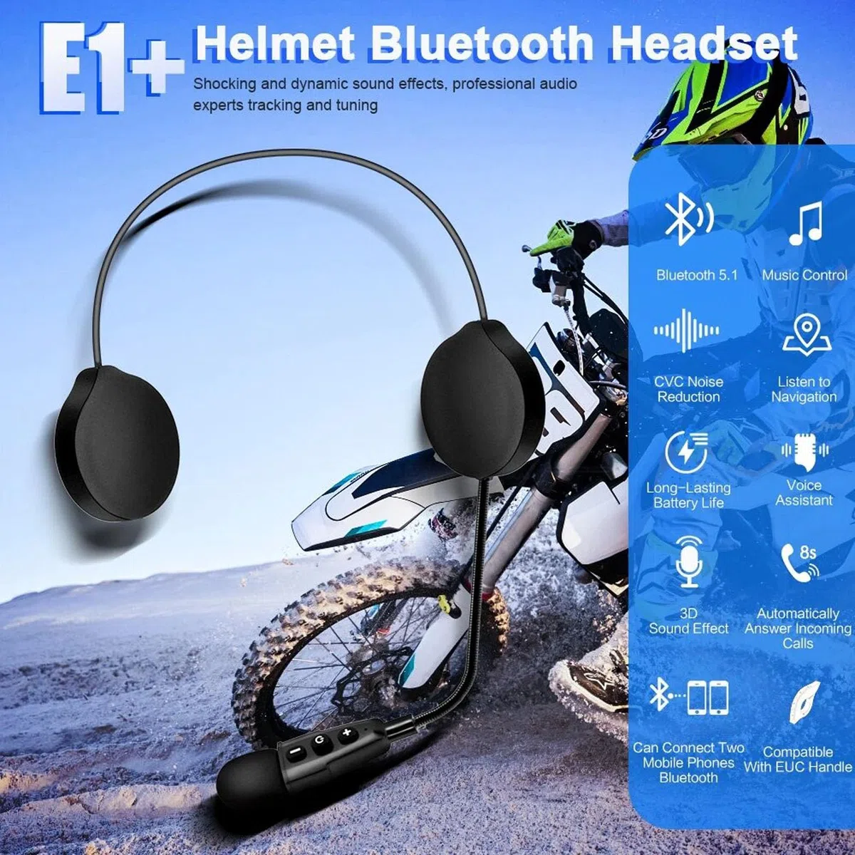 QSPORTPEAK Auricolare Bluetooth per casco moto,E1 Bluetooth 5.1 cuffie per casco moto,appositamente progettato per la guida di motociclette di sicurezza, collegare 2 telefoni cellulari