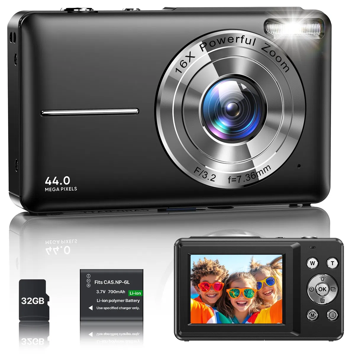 Macchina Fotografica Digitale 1080P Fotocamera 44MP Macchina Fotografica Compatta con Schermo LCD da 2,4", Zoom Digitale 16x, Scheda di Memoria Micro 32G, 1 Batteria per Bambini, Adolescenti - Noir