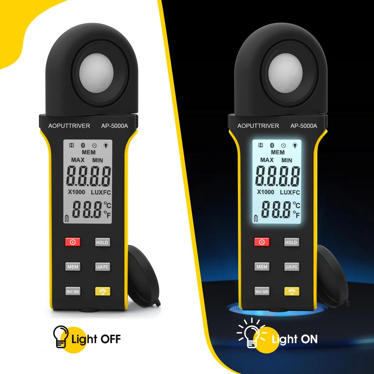 Luxmetro professionale, Esposimetro, Misuratore lumen, Misuratore di Temperatura Ambiente con Portata Fino a 400.000 Lux con Display LCD, Rilevatore Rotante a 270 Gradi - AP-5000A