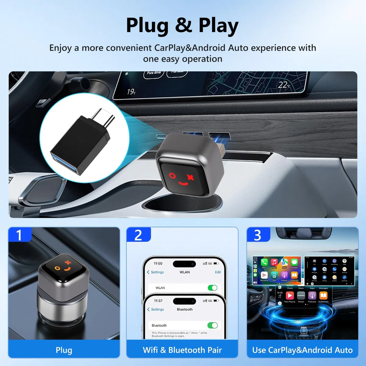 Senza Fili Adattatore 2-in-1 per CarPlay & Android Auto, Mini Adattatore dongle Carplay Wireless per Auto, Plug & Play Carplay USB/Type-C Compatibile con Phone iOS 10+ / Android 11+