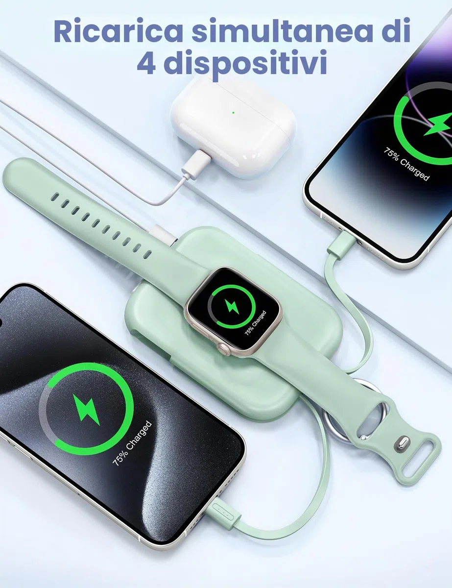 RORRY Power Bank, batteria esterna da 5000 mAh con cavo integrato, per iPhone 17/16/15/14/13/12, Apple Watch Ultra/11/10/9/8/7/6/SE, verde