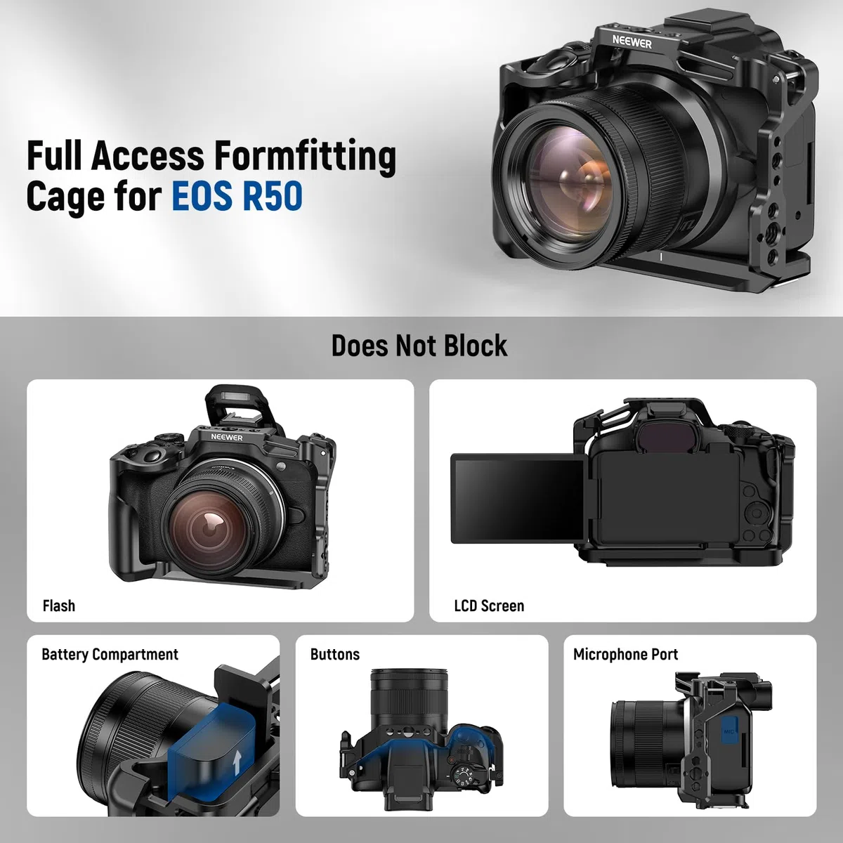 NEEWER R50 Gabbia per Fotocamera Compatibile con Canon EOS R50, Video Rig in Alluminio con Guida NATO, Filettatura 1/4", Fori ARRI 3/8", Slitta Fredda, Compatibile con DJI Gimbal Tipo Arca QR, CA031