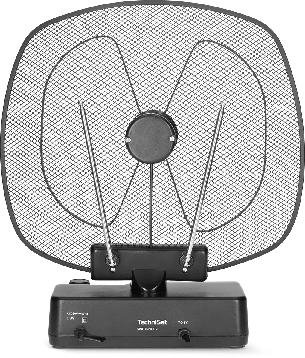 TechniSat DIGITENNE TT2 - antenna da interno orientabile (antenna amplificata a banda intera da 36 dB con filtro LTE4 per la ricezione di segnali DVB-T/-T2, DAB+ e FM, interruttore di alimentazione)