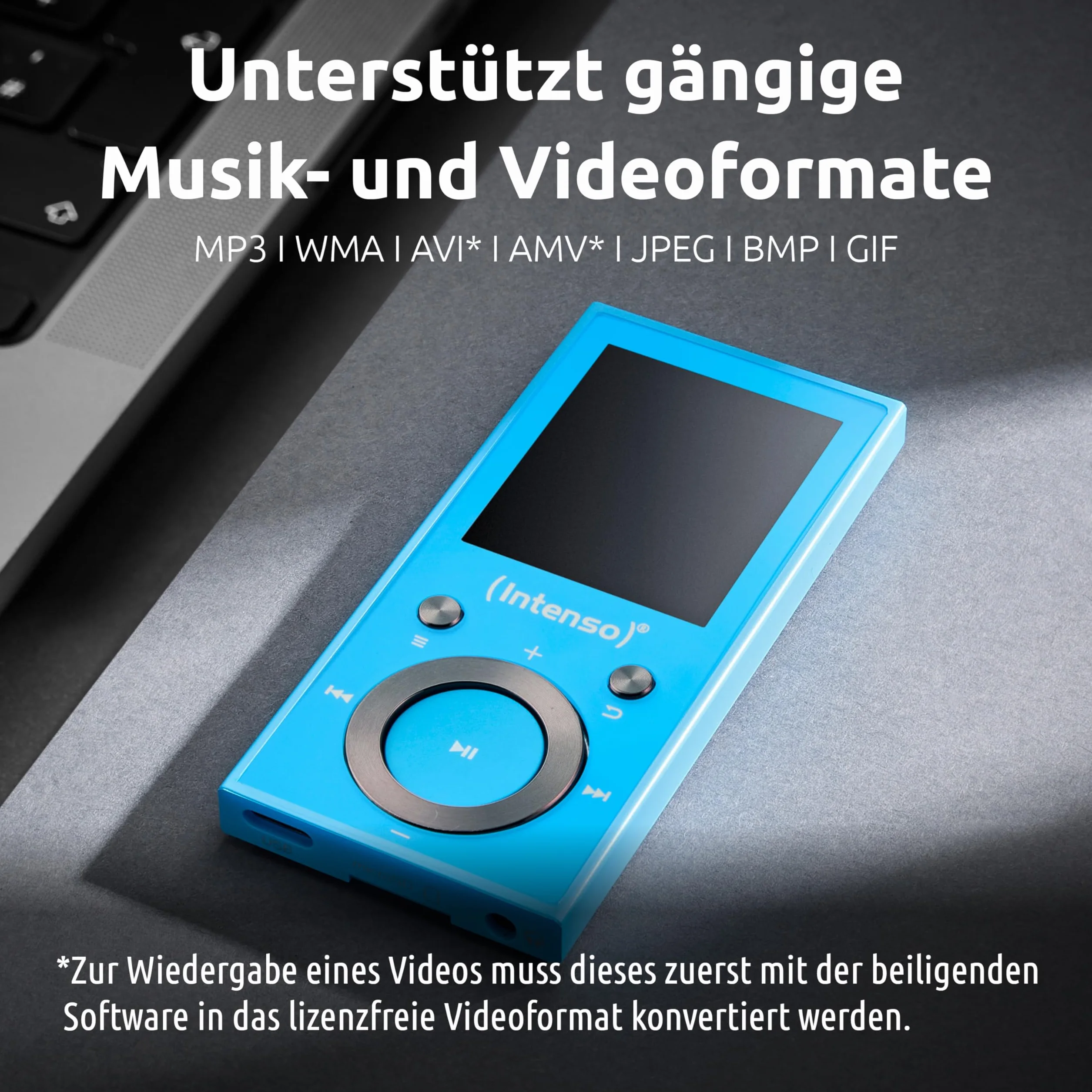 Intenso Lettore video BT MP3 con Bluetooth 5.0, display a colori da 1,8 pollici, microSD, USB C, fino a 18 ore, con cuffie, blu