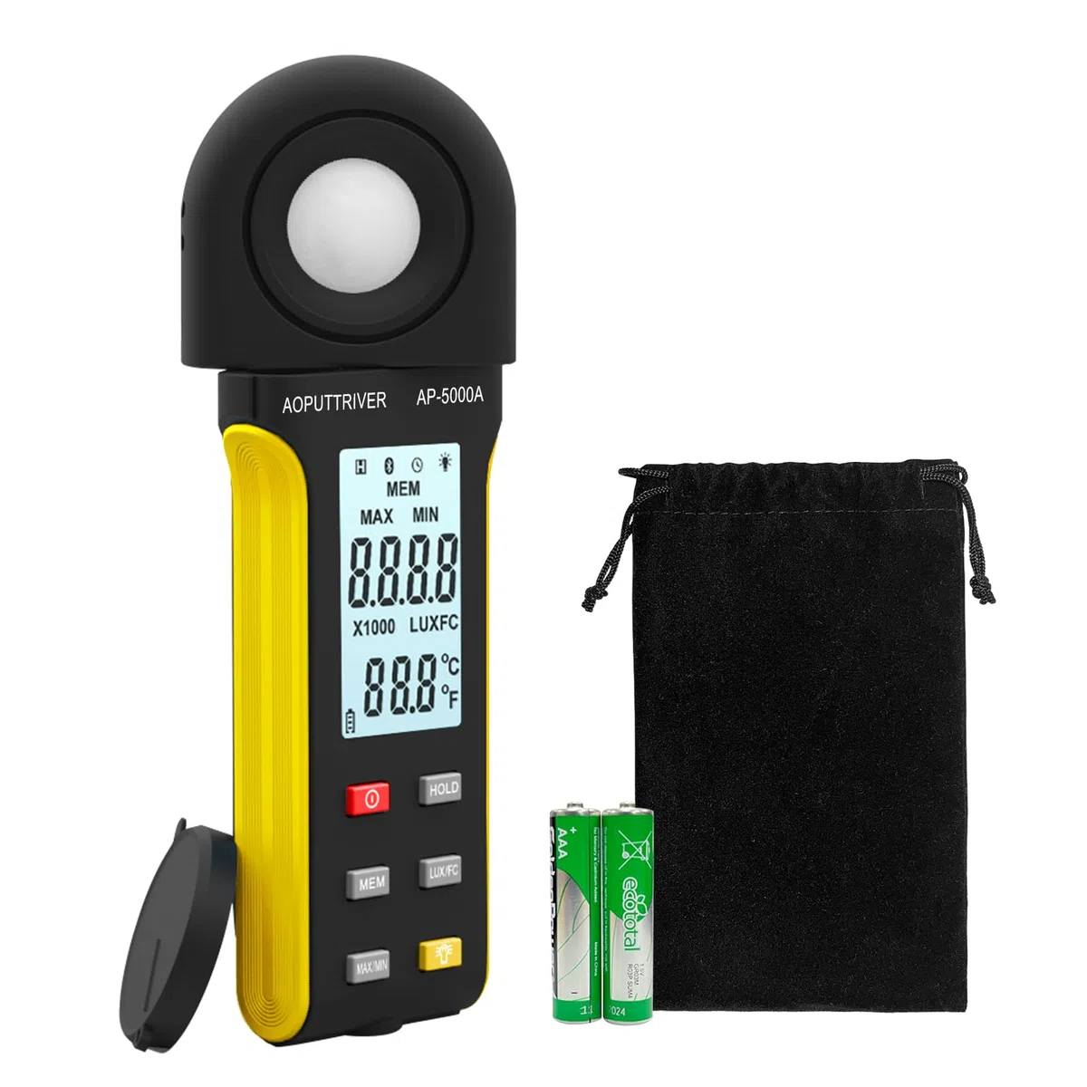 Luxmetro professionale, Esposimetro, Misuratore lumen, Misuratore di Temperatura Ambiente con Portata Fino a 400.000 Lux con Display LCD, Rilevatore Rotante a 270 Gradi - AP-5000A