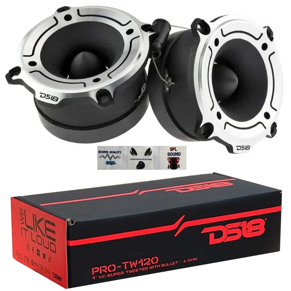2 DS18 PRO-TW120 super tweeter grigi in alluminio da 120 watt rms e 240 watt max da 7,90 cm di diametro impedenza 4 ohm sensibilità 103 db, a coppia + 2 condensatori e 3 sticker omaggio