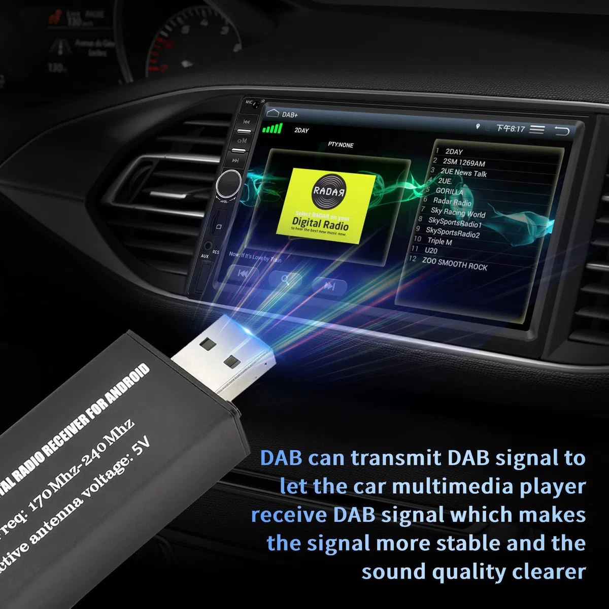 Inefala DAB/DAB+ Antenne per Autoradio 1 Din Stereo 2 Din, Digital Audio Broadcasting per Android Radio con Antenna SMA e USB 2.0