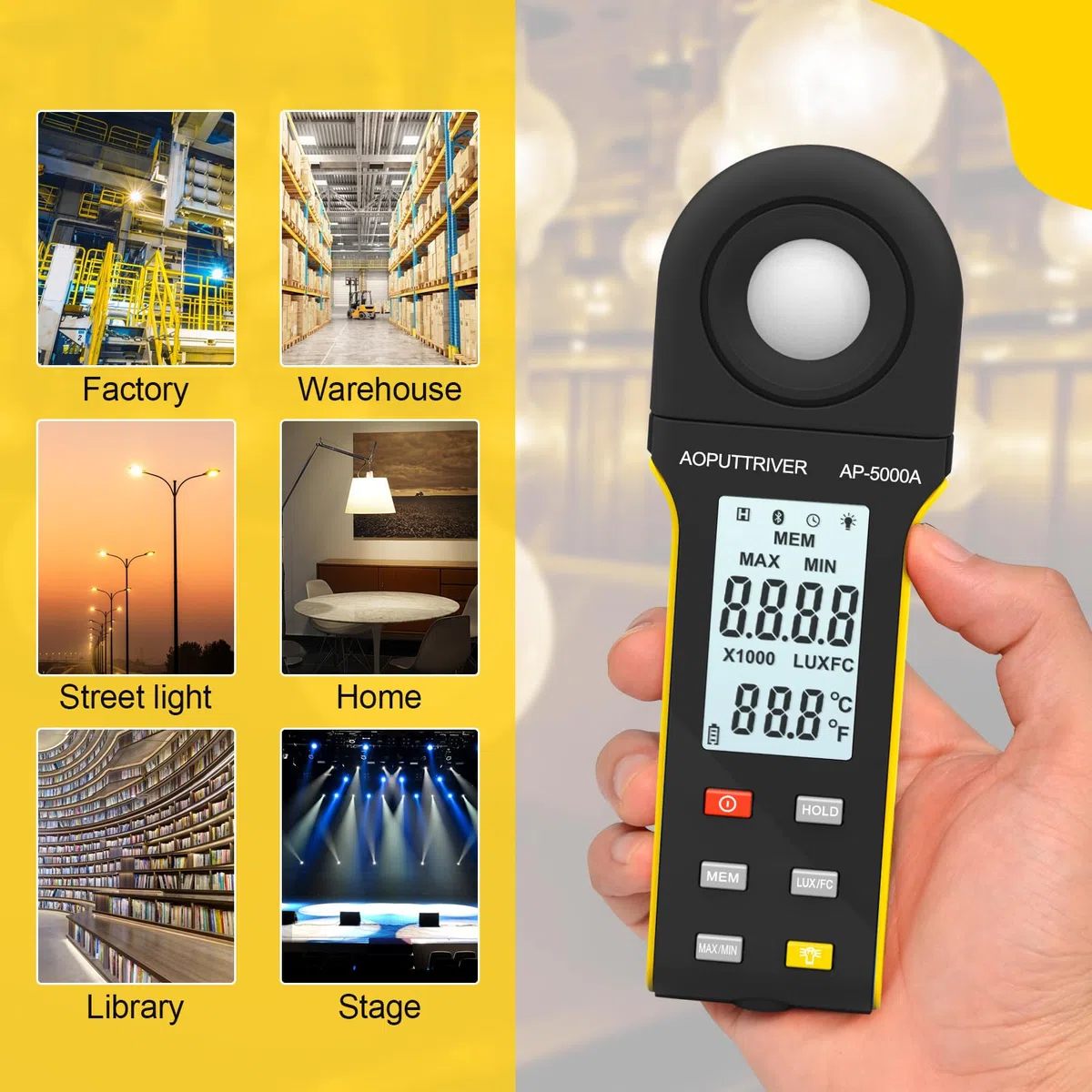 Luxmetro professionale, Esposimetro, Misuratore lumen, Misuratore di Temperatura Ambiente con Portata Fino a 400.000 Lux con Display LCD, Rilevatore Rotante a 270 Gradi - AP-5000A