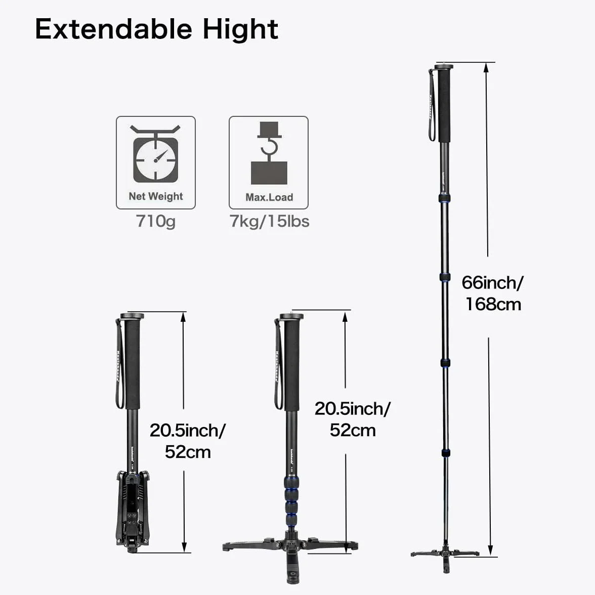 Koolehaoda Monopiede estensibile per fotocamera in lega di alluminio con base di supporto per treppiede, 5 sezioni 52 cm-168 cm regolabile per fotocamere reflex, carico utile fino a 7 kg