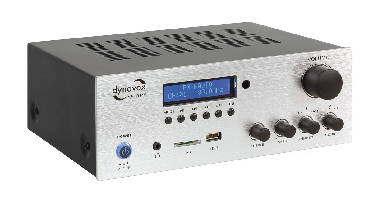 Dynavox VT-80 MK amplificatore stereo compatto, 4 terminali di altoparlanti a vite, telecomando per ingressi digitali (USB, scheda SD), antenna BT integrata e radio FM, argento
