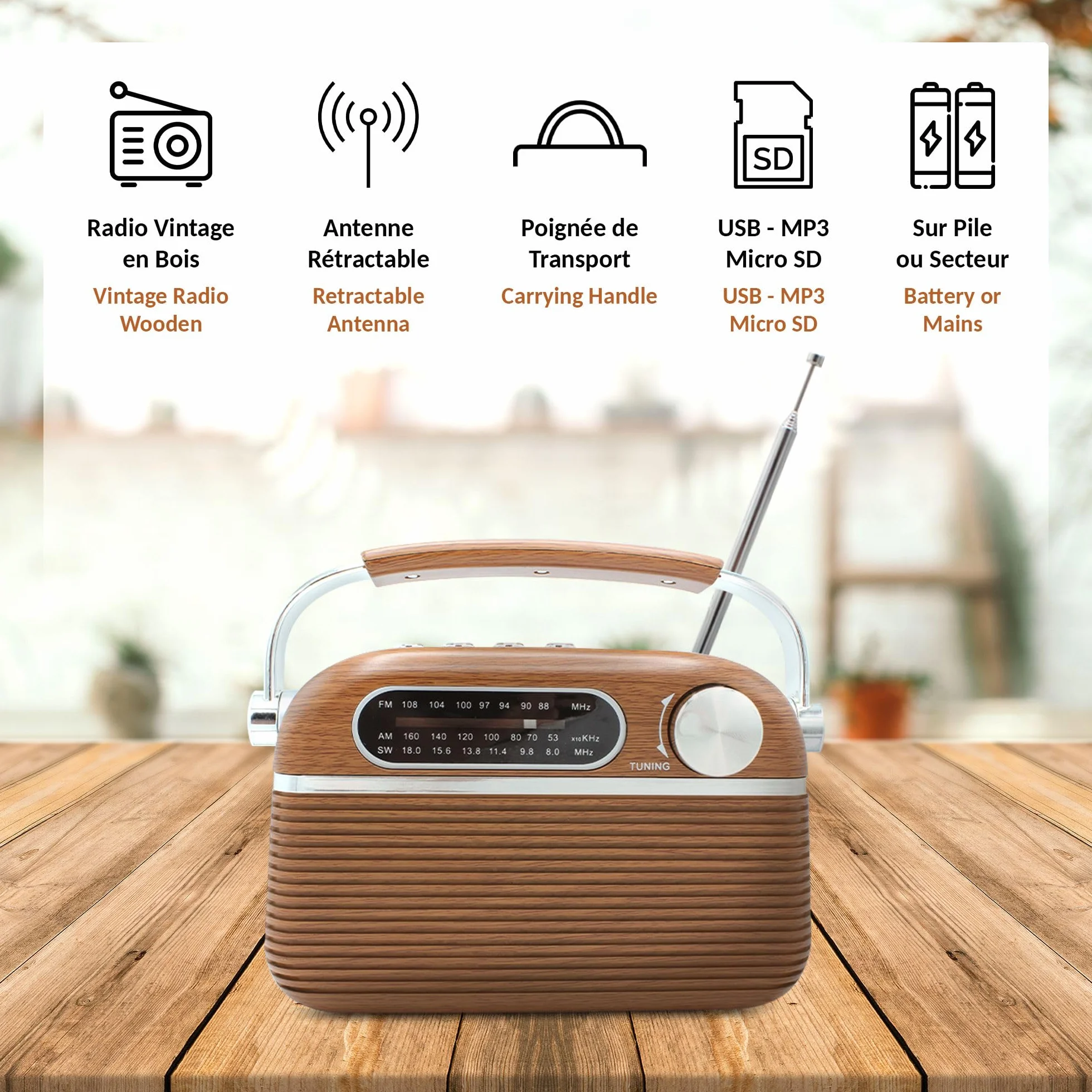 Radio Vintage Design Retrò USB / MP3 /Lettore Micro SD - Portatile - Antenna Retrattile - Radio a pile ed elettricità - 20 CM x 12 CM - Motivo legno e INOX