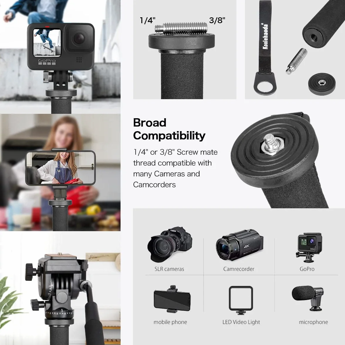 Koolehaoda Monopiede estensibile per fotocamera in lega di alluminio con base di supporto per treppiede, 5 sezioni 52 cm-168 cm regolabile per fotocamere reflex, carico utile fino a 7 kg