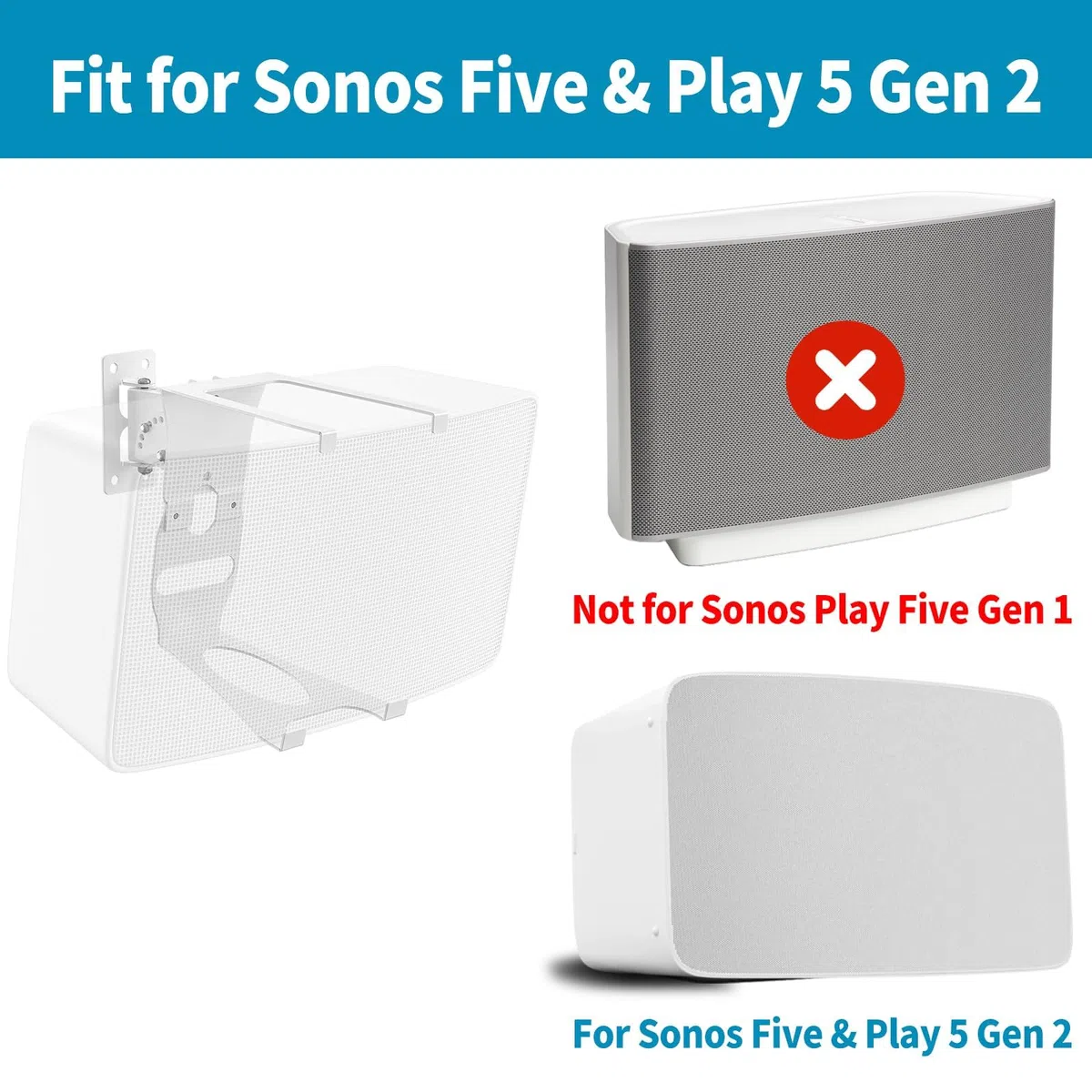 Dinghosen Supporto da parete per altoparlante Sonos Five & Play 5 Gen 2, staffa regolabile inclinabile e girevole per Sonos Play:5 e Sonos Five, bianco