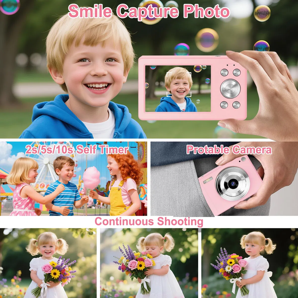 Fotocamera Digitale 56MP 1080P FHD con Autofocus16X Zoom Digitale, Fotocamera Compatta Portatile con Schermo LCD 2,8", Scheda SD 32GB 2 Batterie Perfetta per Adolescenti, Principianti (Rosa)