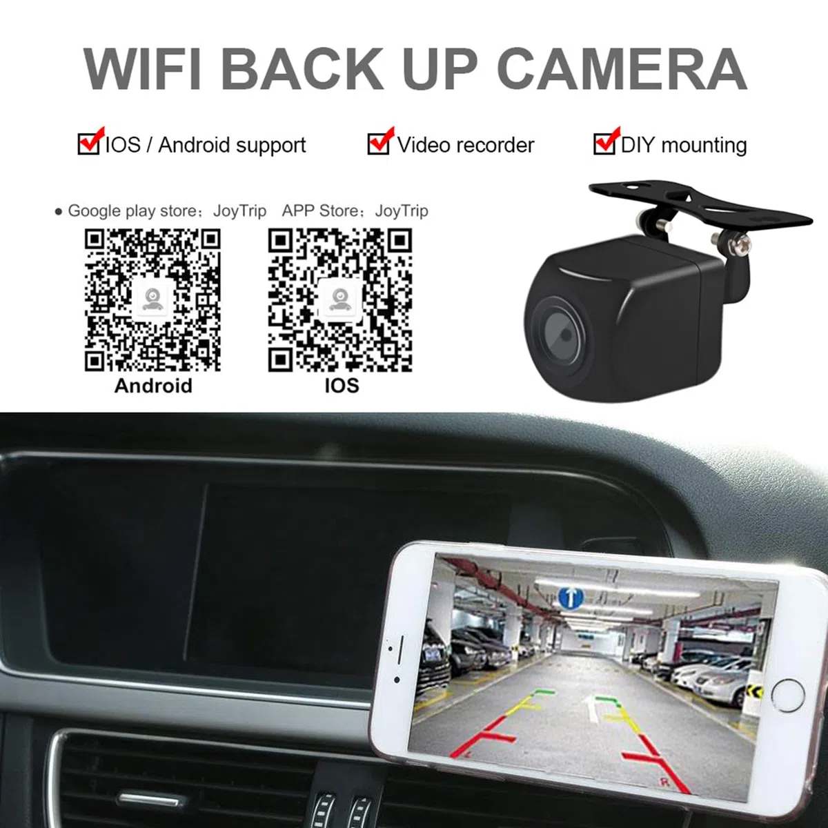 Telecamera di retromarcia WiFi 5V USB/12V HD WiFi 5 Telecamera per Visione Notturna Tachigrafo Impermeabile Compatibile con Android iOS per Moto Auto Camper Van