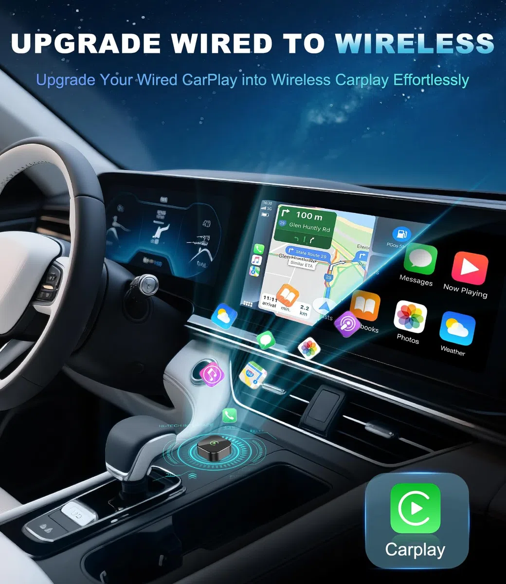 Adattatore CarPlay Wireless per Apple, Converte l'adattatore Cablato in Wireless CarPlay, Plug & Play, Solo CarPlay Dongle Stick per Auto con Car Play Cablato e per iPhone iOS 10+