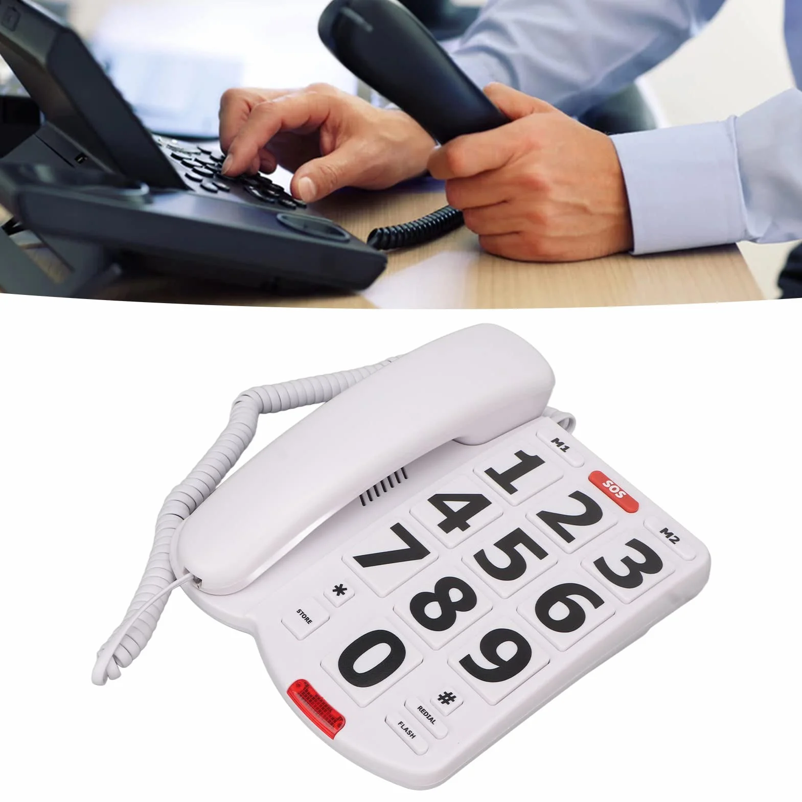 Telefono Classico Semplice Bianco con Pulsanti Grandi,Telefono con Pulsanti Grandi, Telefoni Fissi Domestici con Volume Regolabile per Anziani