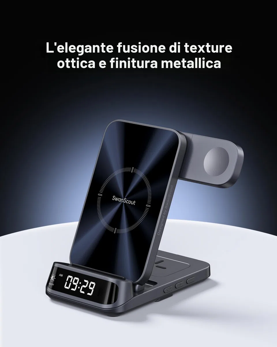 SwanScout Caricatore Wireless per iPhone, Stazione di Ricarica 3 in 1 per iPhone 17/Air/16/15/14/13/12, Base Ricarica per Apple Watch Ultra 3/11/10/9/8, per AirPods, SwanScout 708A (Senza Adattatore)
