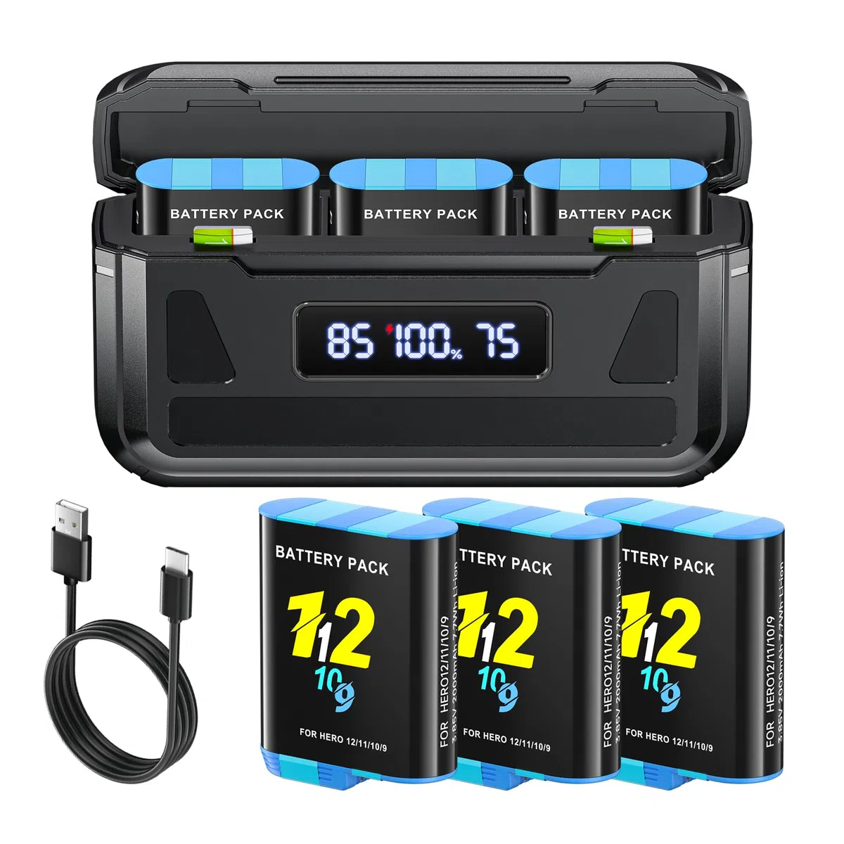 3 Hero 12 batterie 2000mAh con caricatore per Go-Pro Hero 12/11/10/9 Black, 3 canali, con display LCD, slot per schede TF, adatto a basse temperature, formato tascabileg