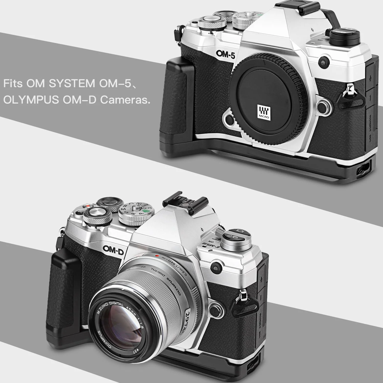 Haoge HG-OM5 Staffa di supporto per fotocamera con impugnatura per OM SYSTEM OM-5 piastra a sgancio rapido standard Arca Swiss integrata