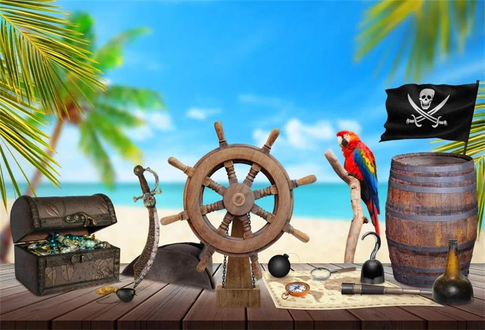 YongFoto 3x2m Vinile Fondale Foto Tavolo in legno pirata Ruota della nave Mappa del tesoro Rum Bussola Coltello Palma Spiaggia Sfondo Fotografico Fotografia Sfondo Studio Prop Decorazione