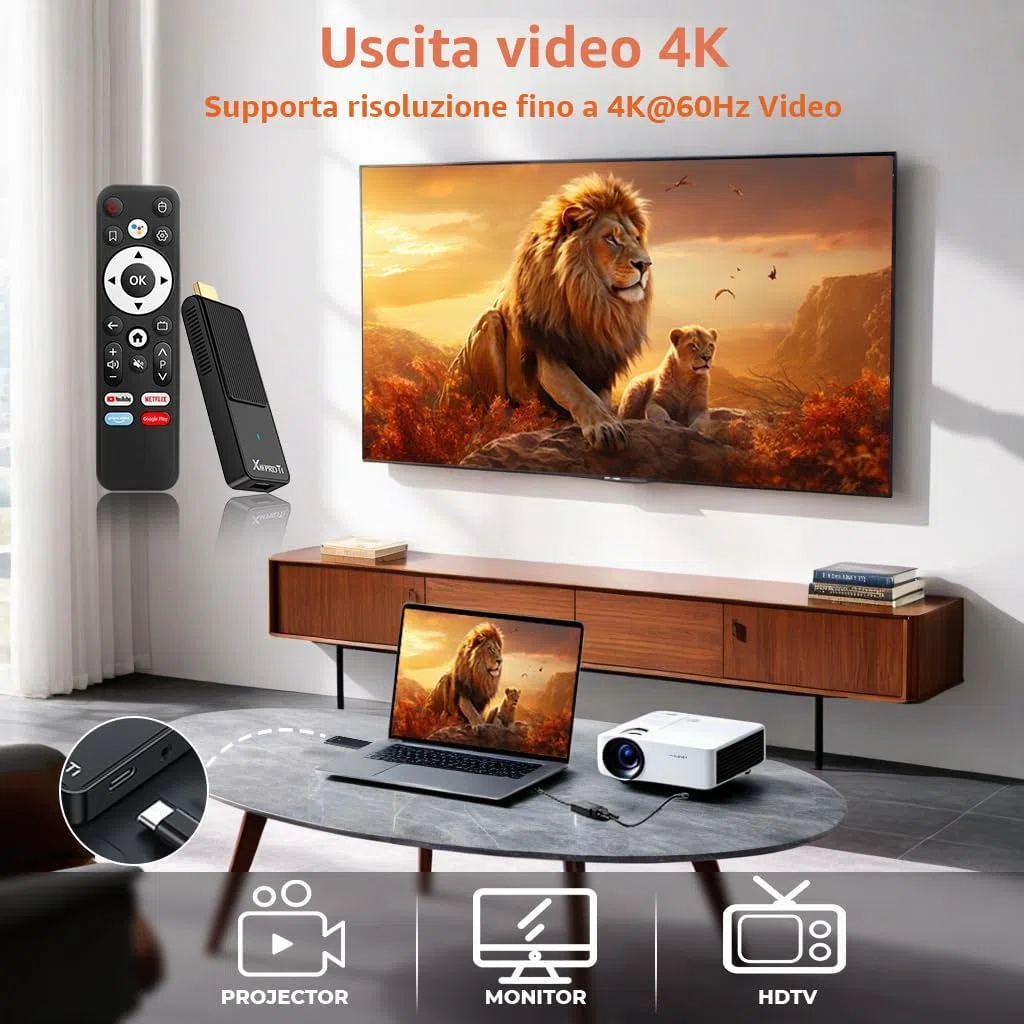 Android TV Stick 14.0 Ultima Versione 2026 4K Ultra HD TV Stick Box 2 GB RAM 16 GB ROM RK3518 CPU Supporta WiFi 6 BT 5.0 2,4/5 GHz, HDR10 Smart Streaming Media Player con Telecomando Vocale Assistente