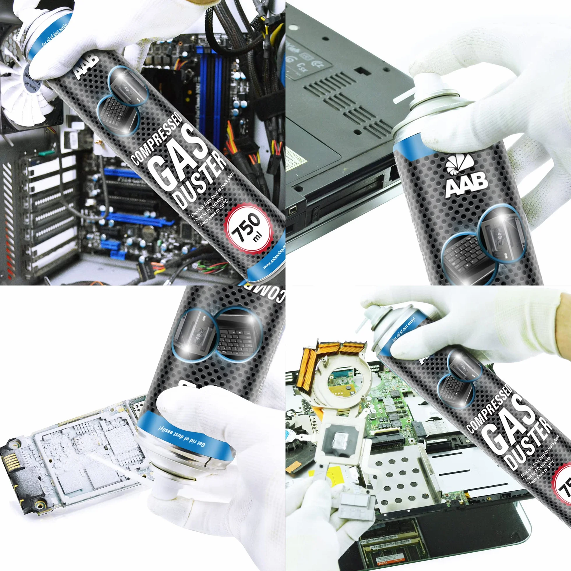 24 x AAB Bomboletta d’Aria Compressa 750ml per Pulire Accessori PC, Tastiera, Televisioni, Fotocamere e Altri, Spray Contatti, Spray con Tubo di Estensione, Rimozione di Polvere, Compressed Air