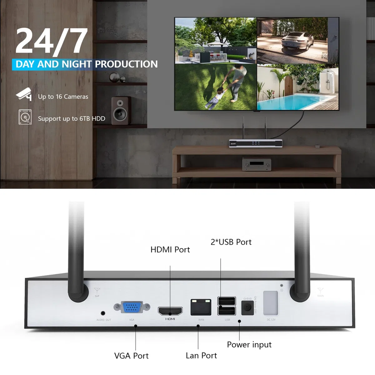 REIGY 3MP Kit Videosorveglianza Wifi Esterno con Registra Audio, Sistema di Sicurezza 16CH NVR+4x 1296P Camera, Telecamera Sorveglianza Wireless Impermeabile Visione Notturna Senza HDD