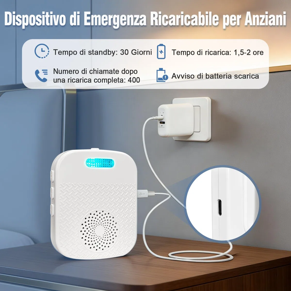 Pulsante di emergenza per anziani Sistema di telesoccorso interno Bracciale di emergenza per anziani Ricevitore ricaricabile Allarme SOS (Ricevitore*1 + Braccialetto*1 + Trasmettitore*1)