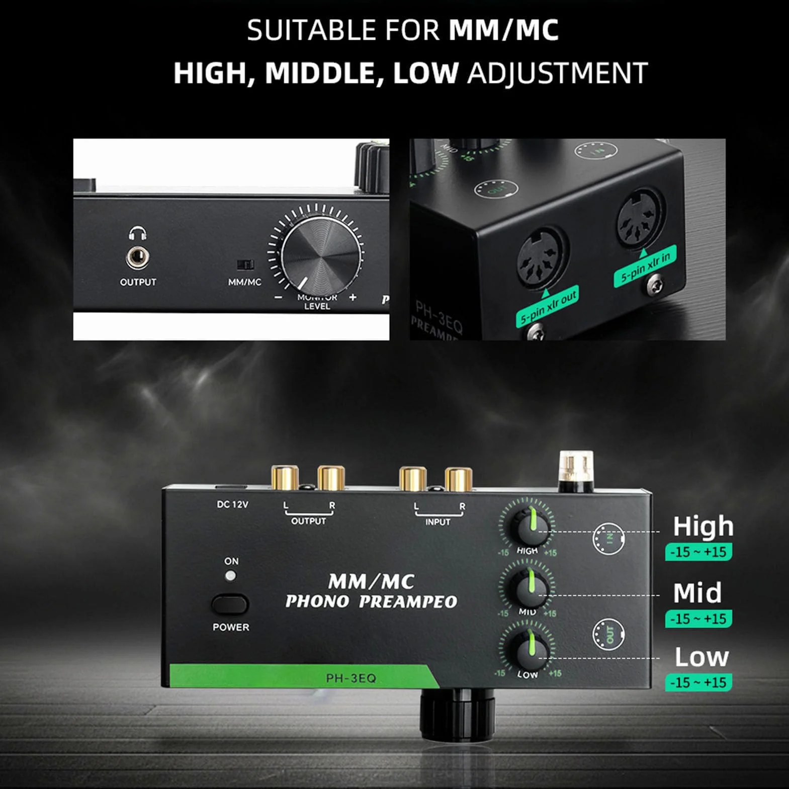 Asixxsix Preamplificatore Phono Mm/mc, Output di Ingresso XLR a 5 Pin Preamplificatore Phono Stereo Professionale per il Giradischi Stereo, Output per Cuffie da 3,5 Mm (eu)
