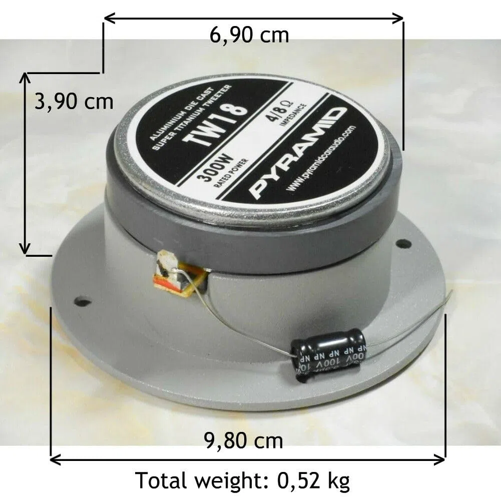 KIT SET PER PYRAMID TW18 2 SUPER TWEETER grigi da 150 watt rms e 300 watt max, da 9,80 cm di diametro e 98 db, con ridotta profondità solo 3,90 cm, a coppia + condensatori omaggio