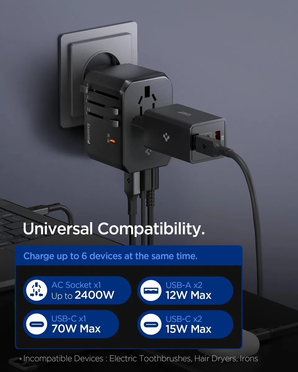 Spigen ArcStation Adattatore Universale da Viaggio 70W [5-Porte & PD] con 3 USB C e 2 USB A, Presa Universale da Viaggio per Inglese/Americana/Australia/Giappone, Viaggio Accessori Utili - Nero