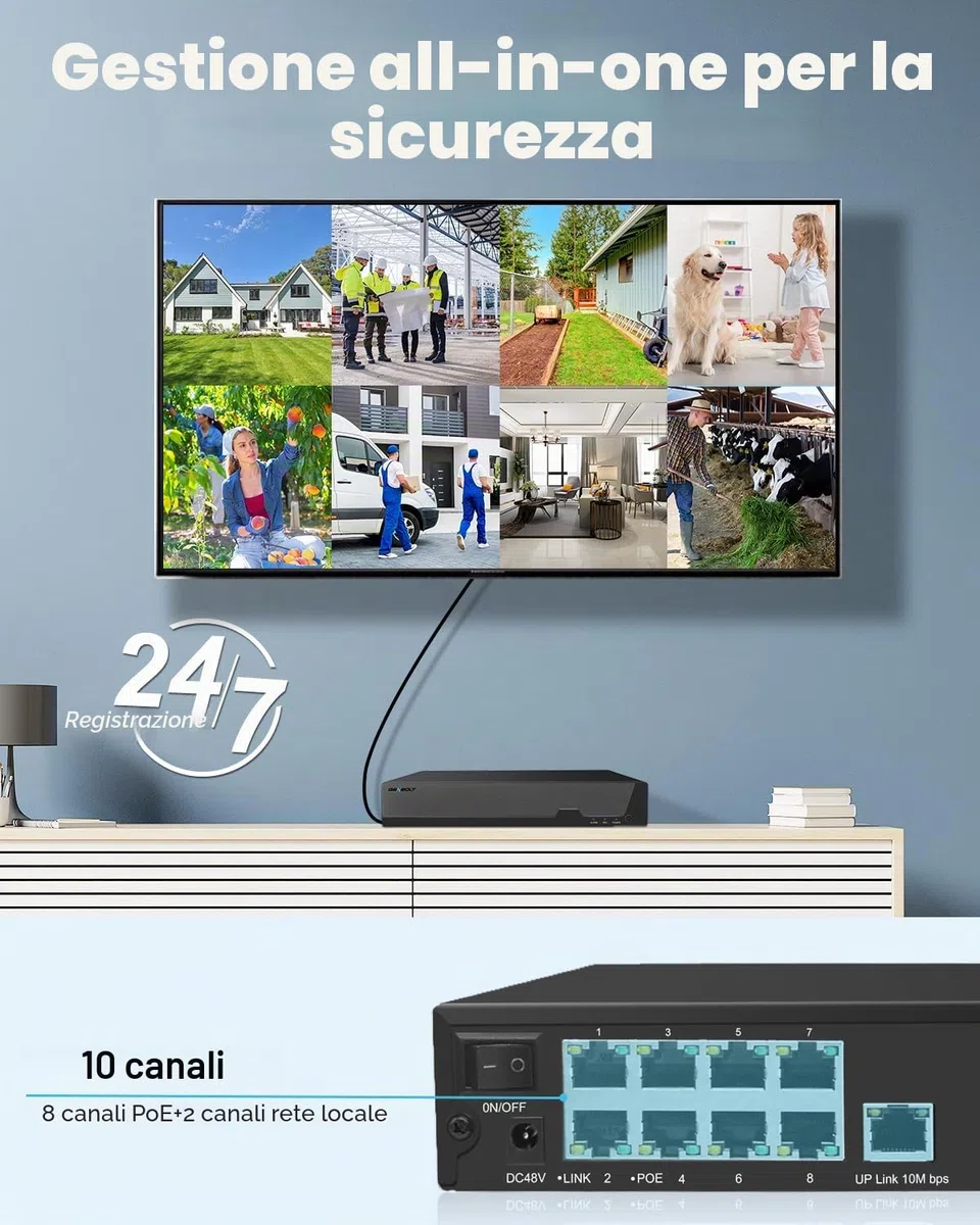 GENBOLT NVR PoE 4K, Sistema di videosorveglianza a 10 canali, Supporta telecamere IP PoE HD 8MP/5MP/4MP/1080P, Registrazione sorveglianza 24/7, HDD non incluso